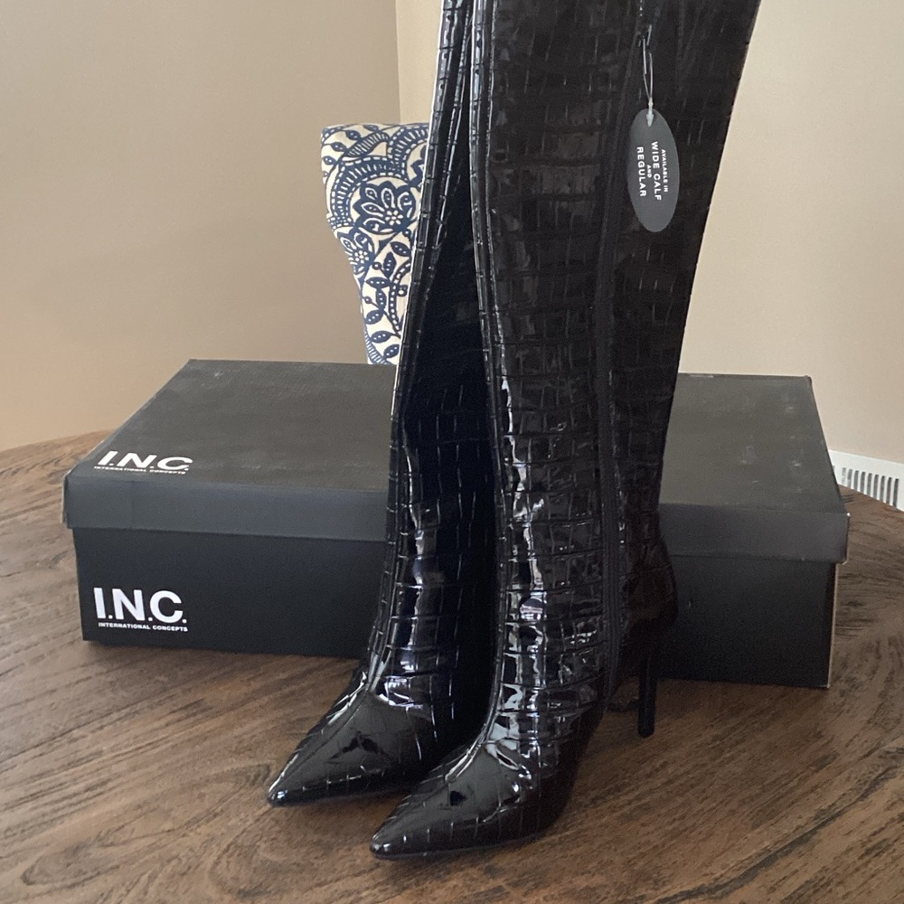 INC International Concepts Glossy Black Croc Heeled Boots